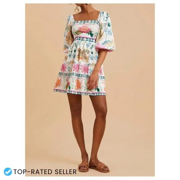 Floral Print Square Neck Puff Sleeve A-Line Boho Summer Dress